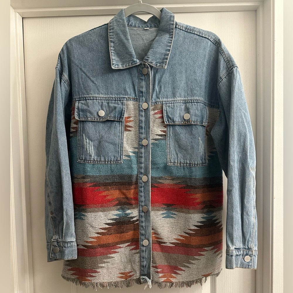 Denim Jacket with Southwestern Pattern